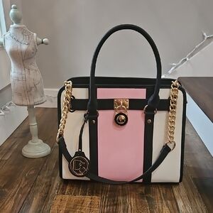 Elegant DS Black, Pink, and White Large Handbag with Gold Accents....